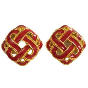 Gold Tone Red Enamel Square Knot Designer Style Clip-On Earrings K963